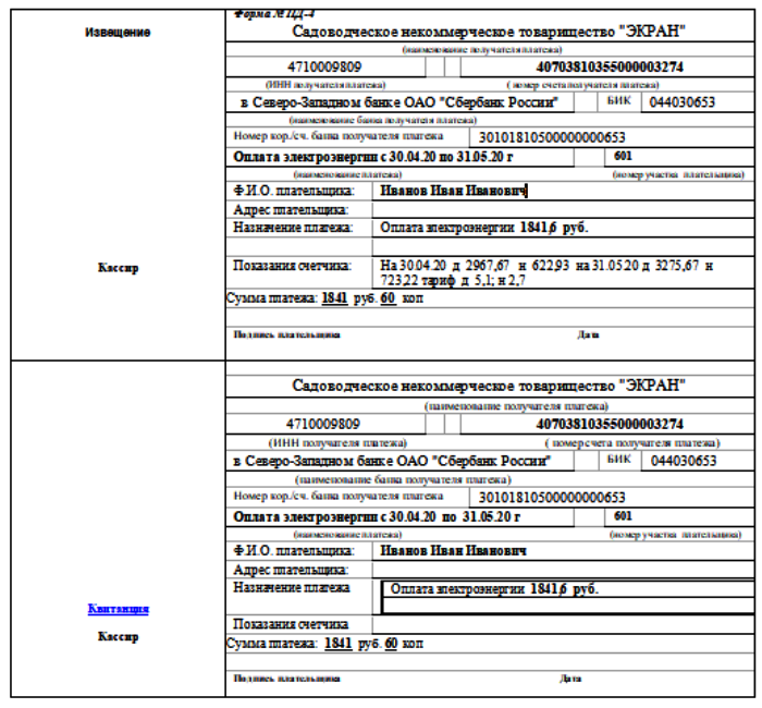 Образцы квитанций об оплате для физических лиц за электроэнергию